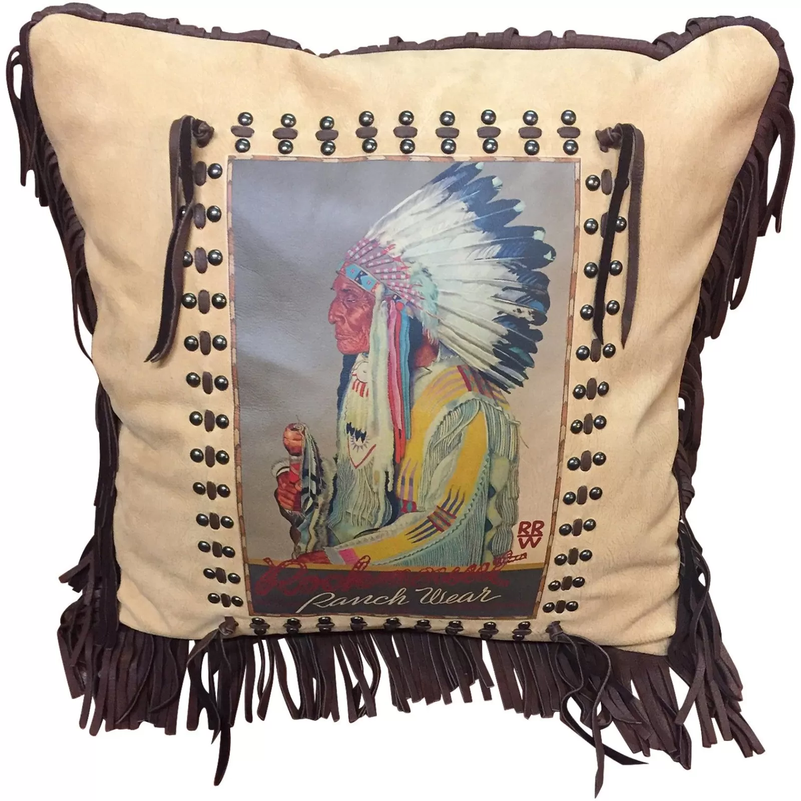 Rockmount Vintage Chief Leather Fringe Western Pillow New