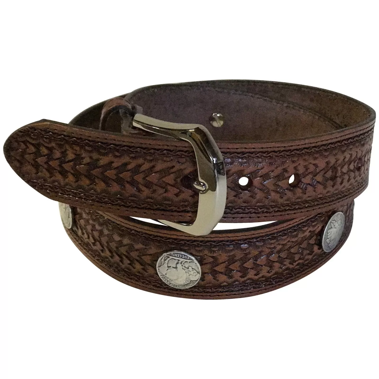Rockmount Tooled Basket Weave Genuine Leather Western Belt With Buffalo Nickels Best Sale