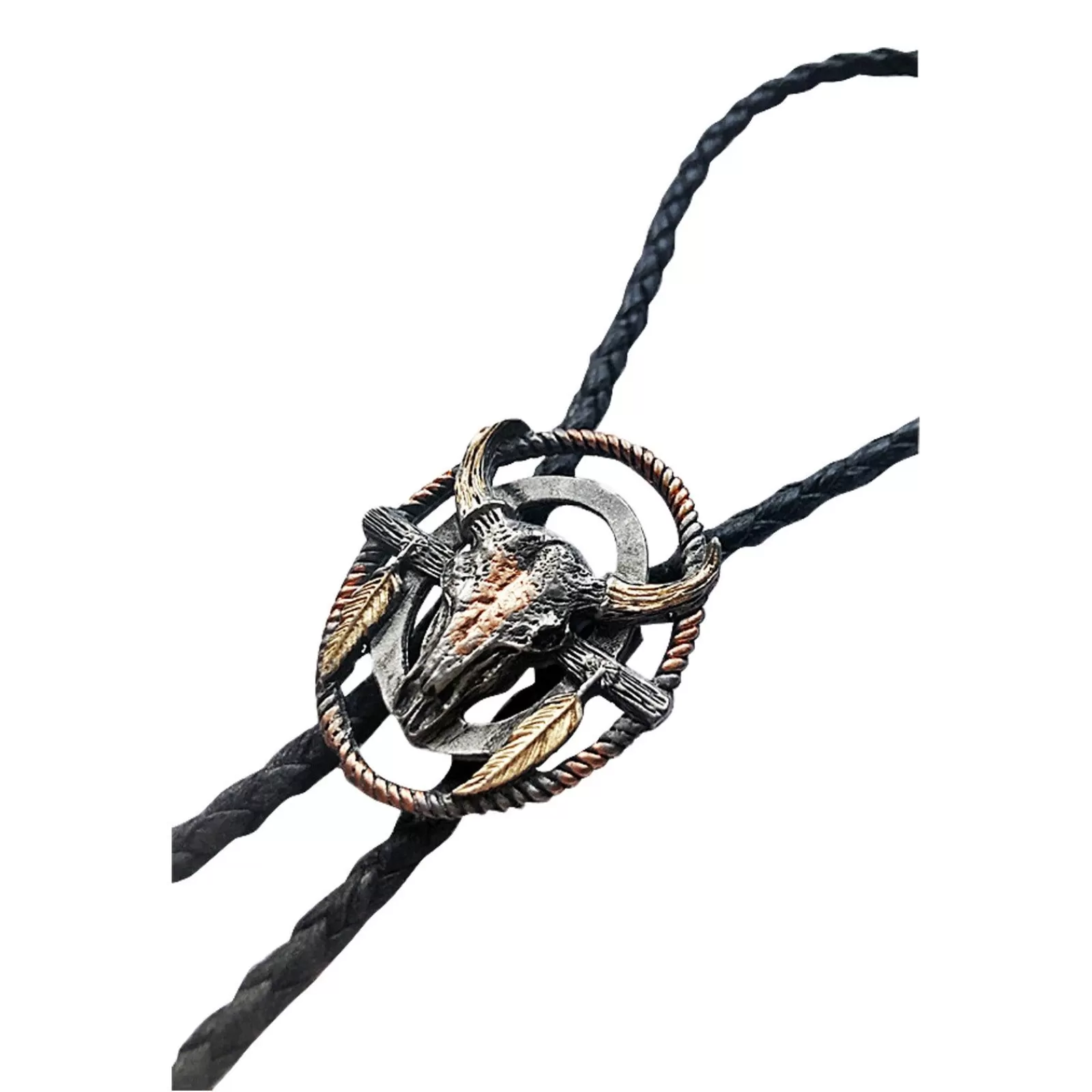 Rockmount Tri-Color Steer Skull With Feathers Western Bolo Tie Hot