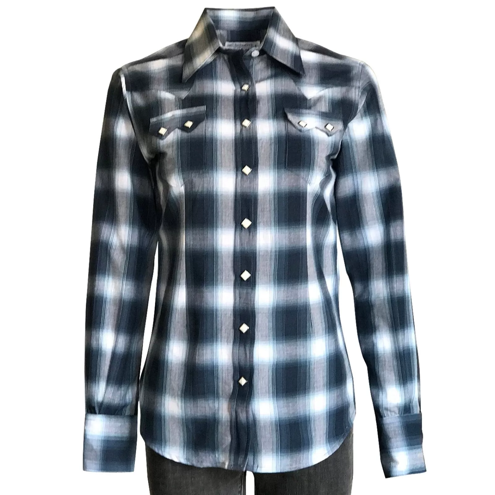 Rockmount Women'S Blue & White Shadow Plaid Sawtooth Western Shirt Shop