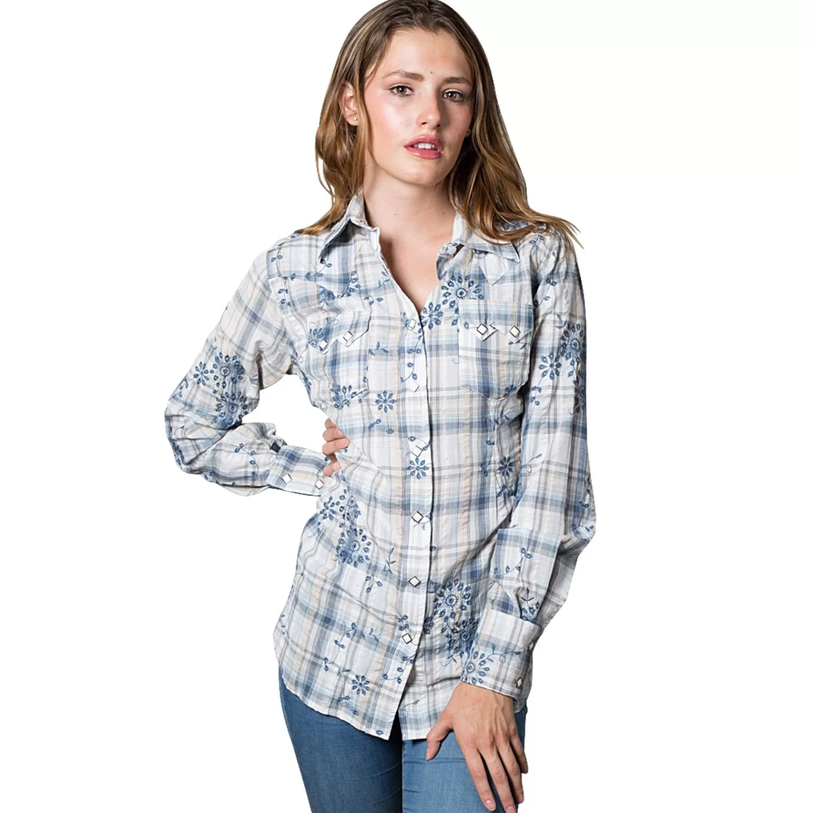 Rockmount Women'S Blue Plaid Eyelet Embroidery Western Shirt Best Sale