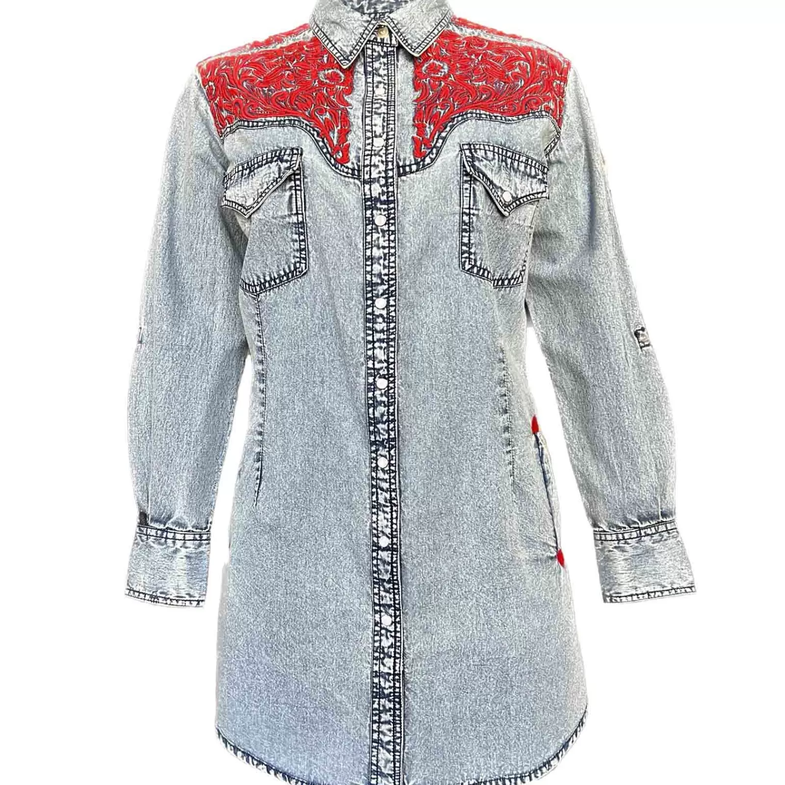 Rockmount Women'S Denim & Red Tooling Embroidery Western Shirt Dress Outlet