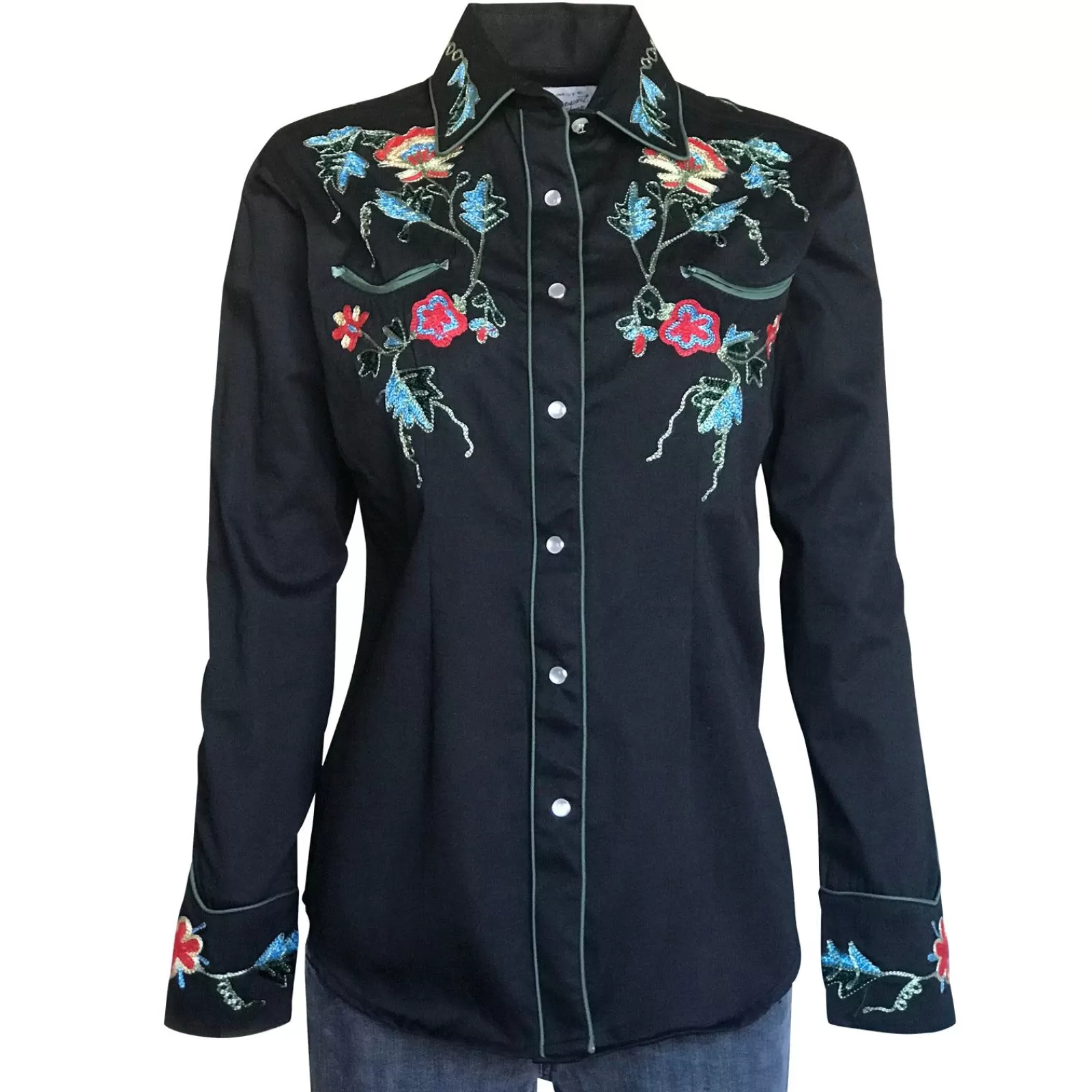 Rockmount Women'S Floral Embroidery Cotton Gabardine Black Western Shirt Shop