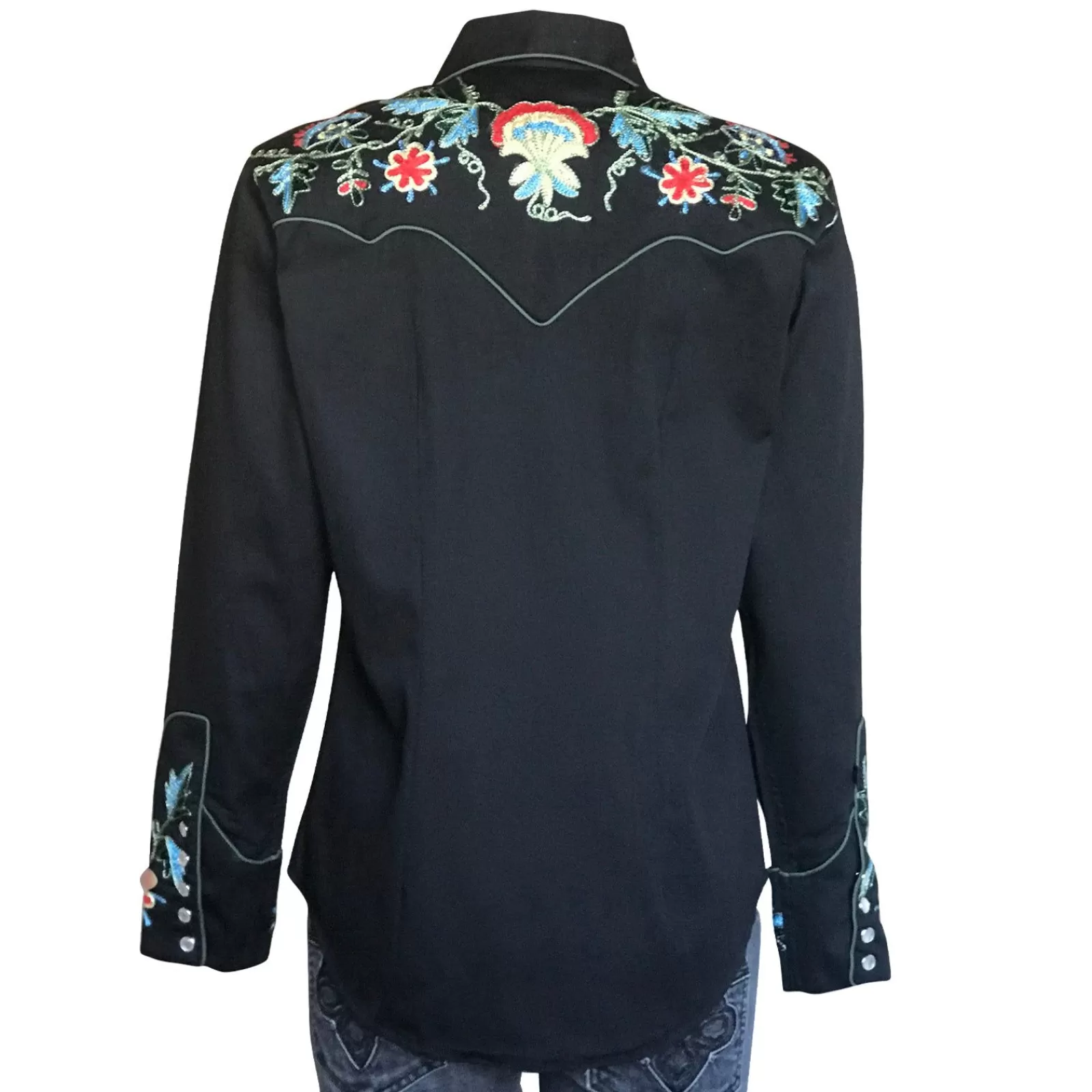 Rockmount Women'S Floral Embroidery Cotton Gabardine Black Western Shirt Shop