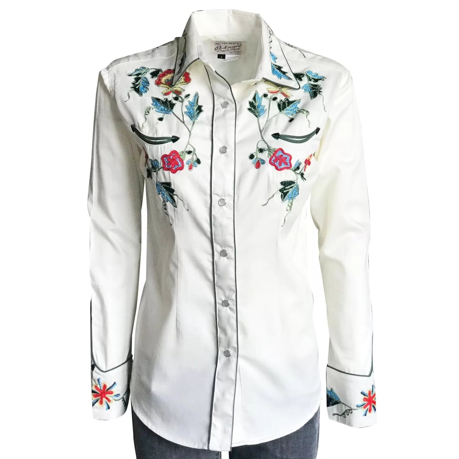 Rockmount Women'S Floral Embroidery Cotton Gabardine Ivory Western Shirt Store
