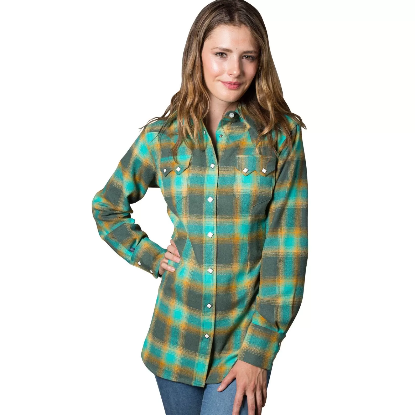 Rockmount Women'S Plush Green & Turquoise Plaid Flannel Western Shirt Discount