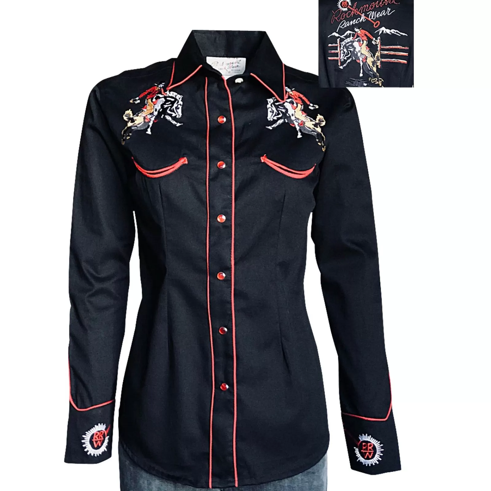 Rockmount Women'S Bronc Vintage Embroidery Western Shirt In Black Best Sale