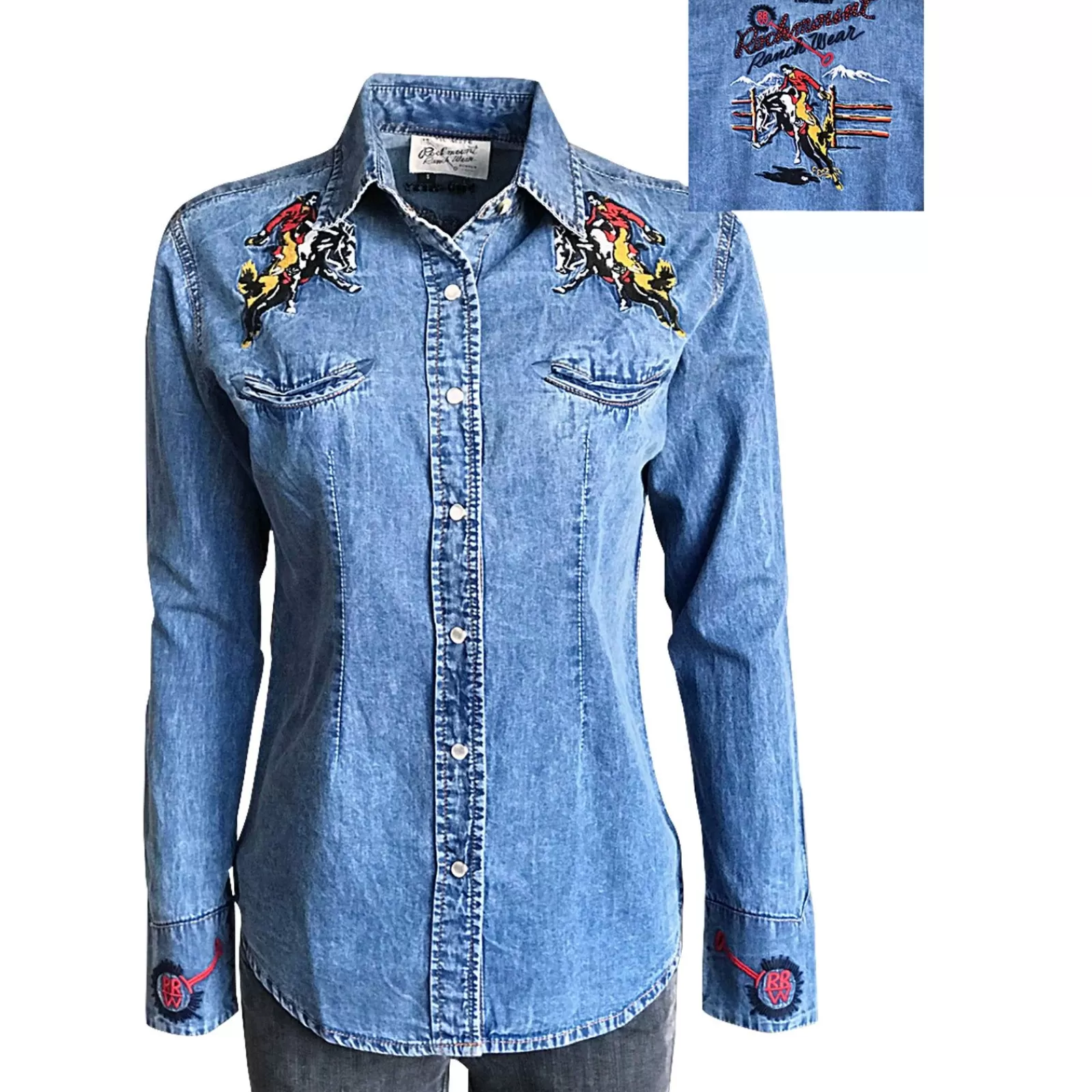 Rockmount Women'S Bronc Vintage Embroidery Western Shirt In Denim Best Sale