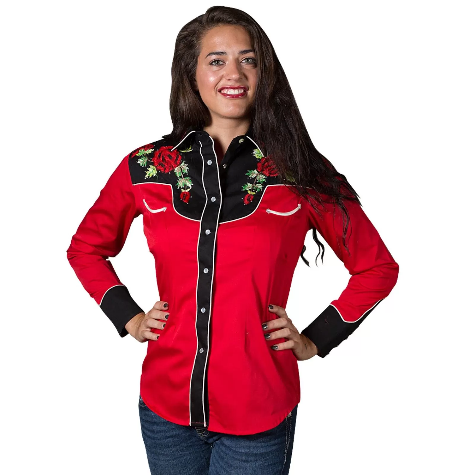 Rockmount Women'S Vintage 2-Tone Red Roses Embroidery Western Shirt Outlet