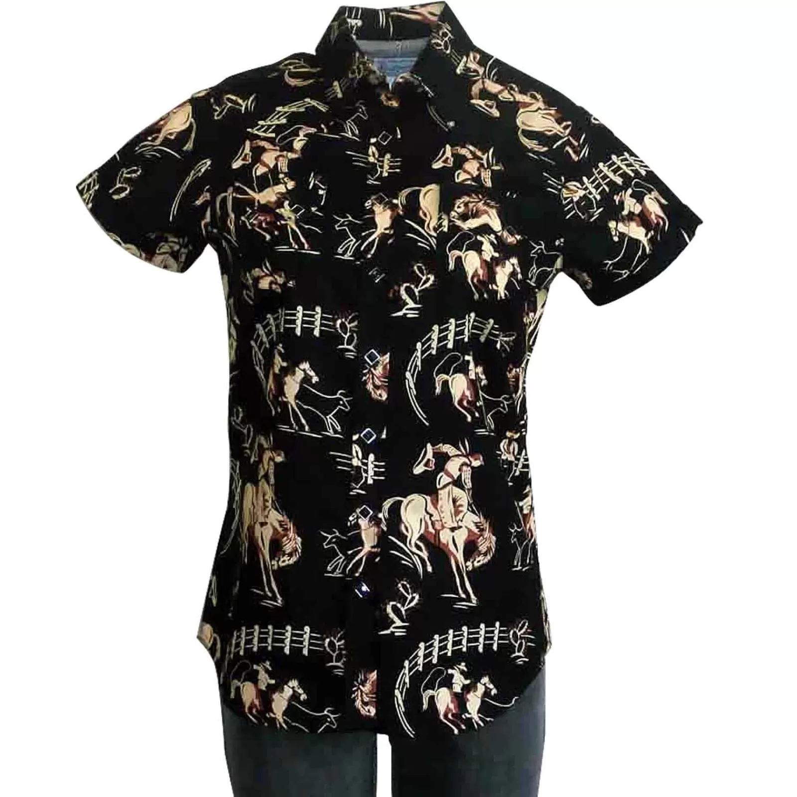 Rockmount Women'S Vintage Bronc Print Short Sleeve Black Western Shirt Sale