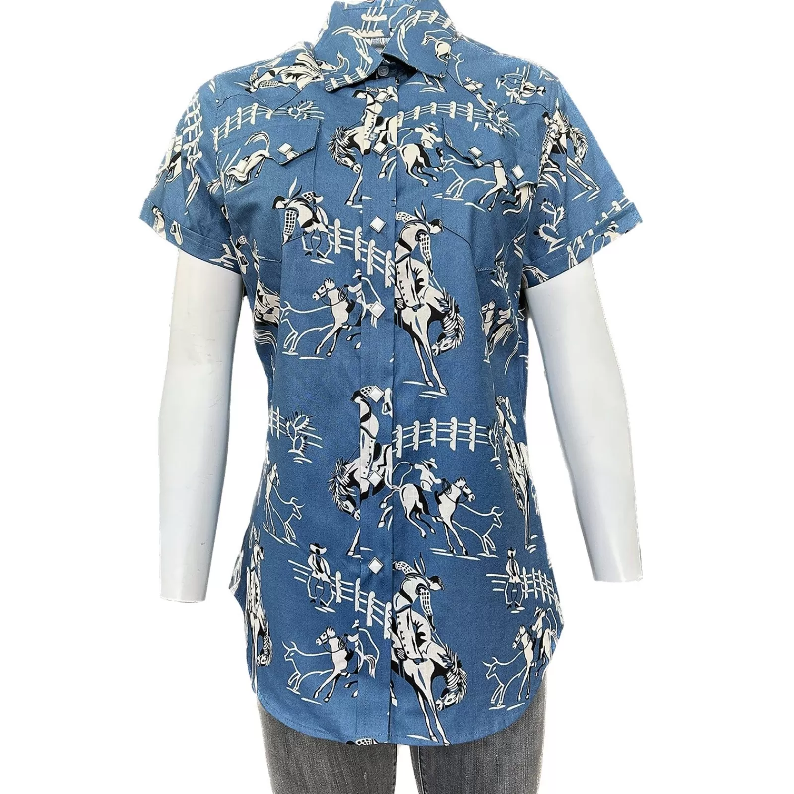 Rockmount Women'S Vintage Bronc Print Short Sleeve Blue Western Shirt Outlet