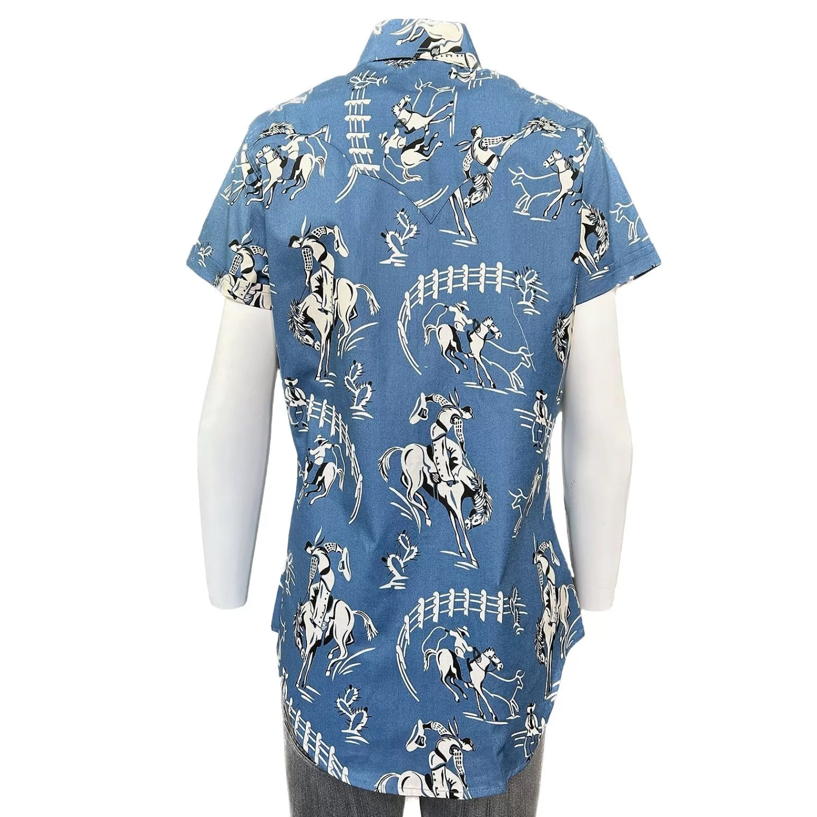 Rockmount Women'S Vintage Bronc Print Short Sleeve Blue Western Shirt Shop