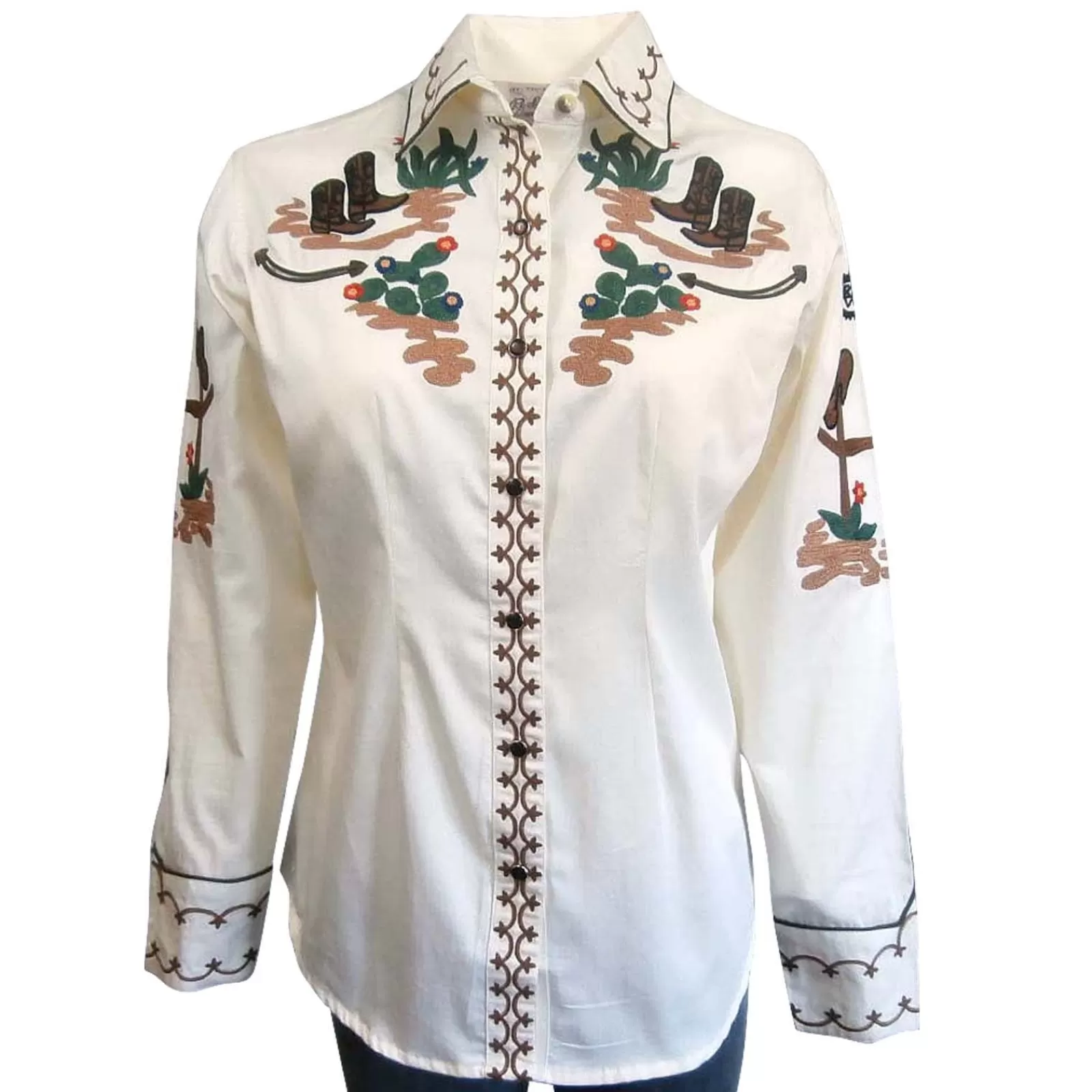 Rockmount Women'S Vintage Cactus & Cowgirl Boots Embroidered Western Shirt In Ivory Online
