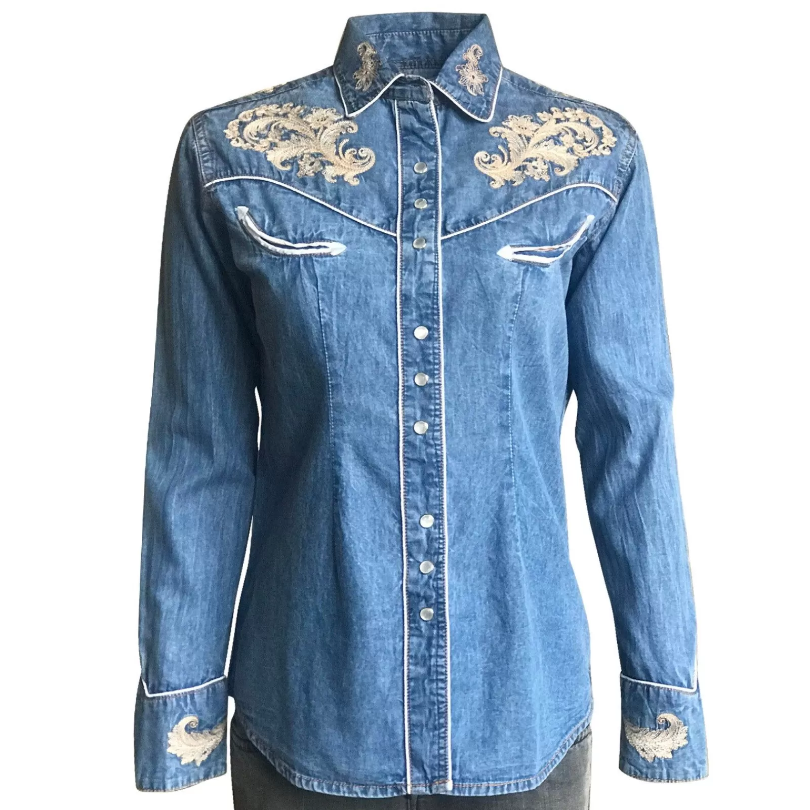 Rockmount Women'S Vintage Denim Western Shirt With Floral Embroidery Best Sale