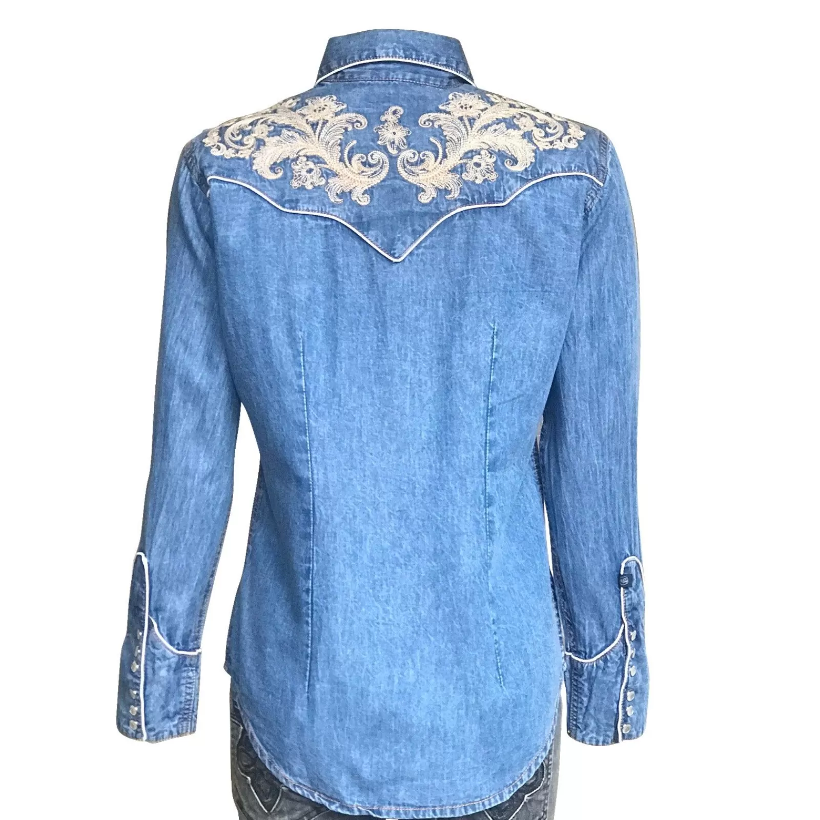 Rockmount Women'S Vintage Denim Western Shirt With Floral Embroidery Best Sale