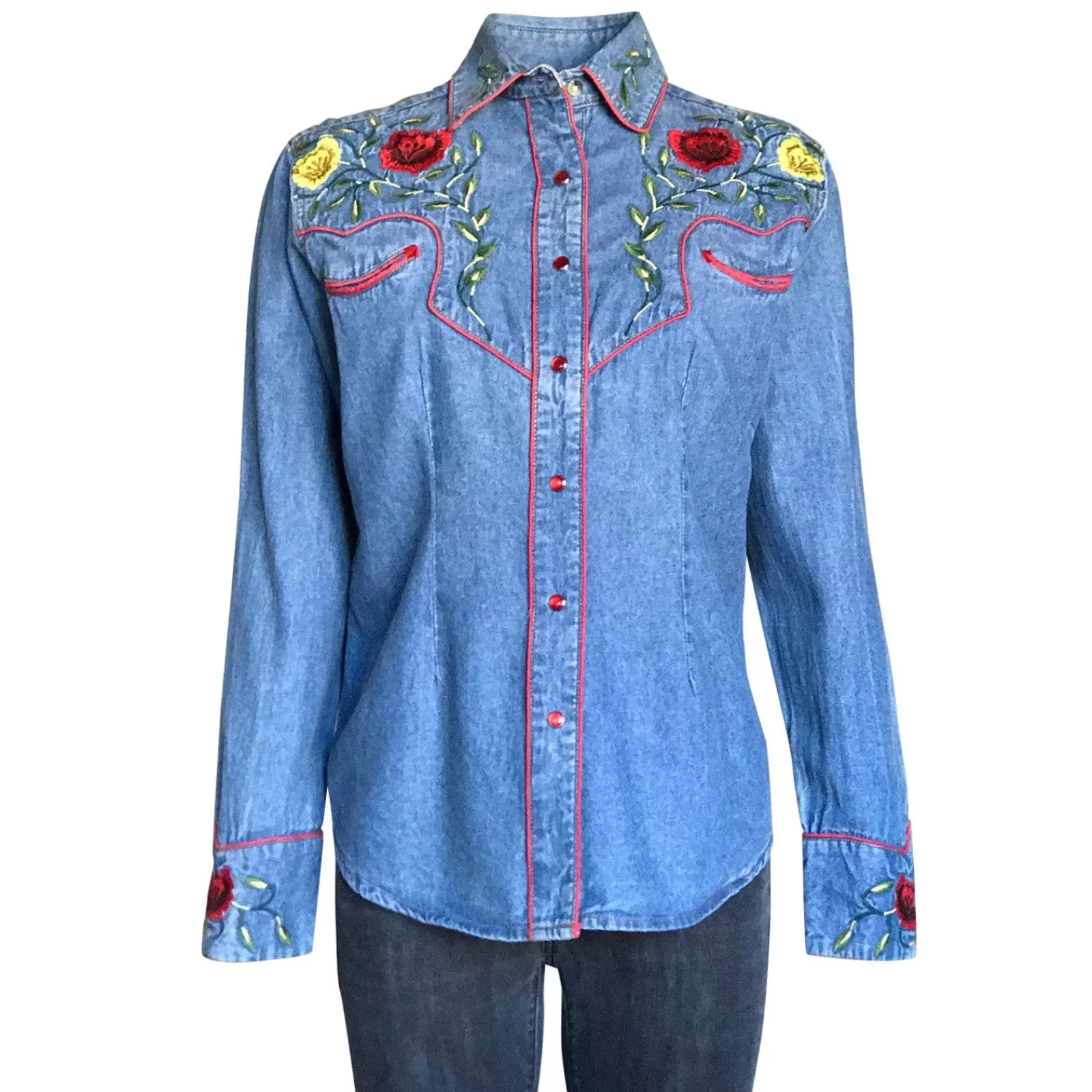 Rockmount Women'S Vintage Floral Embroidery Denim Western Shirt New