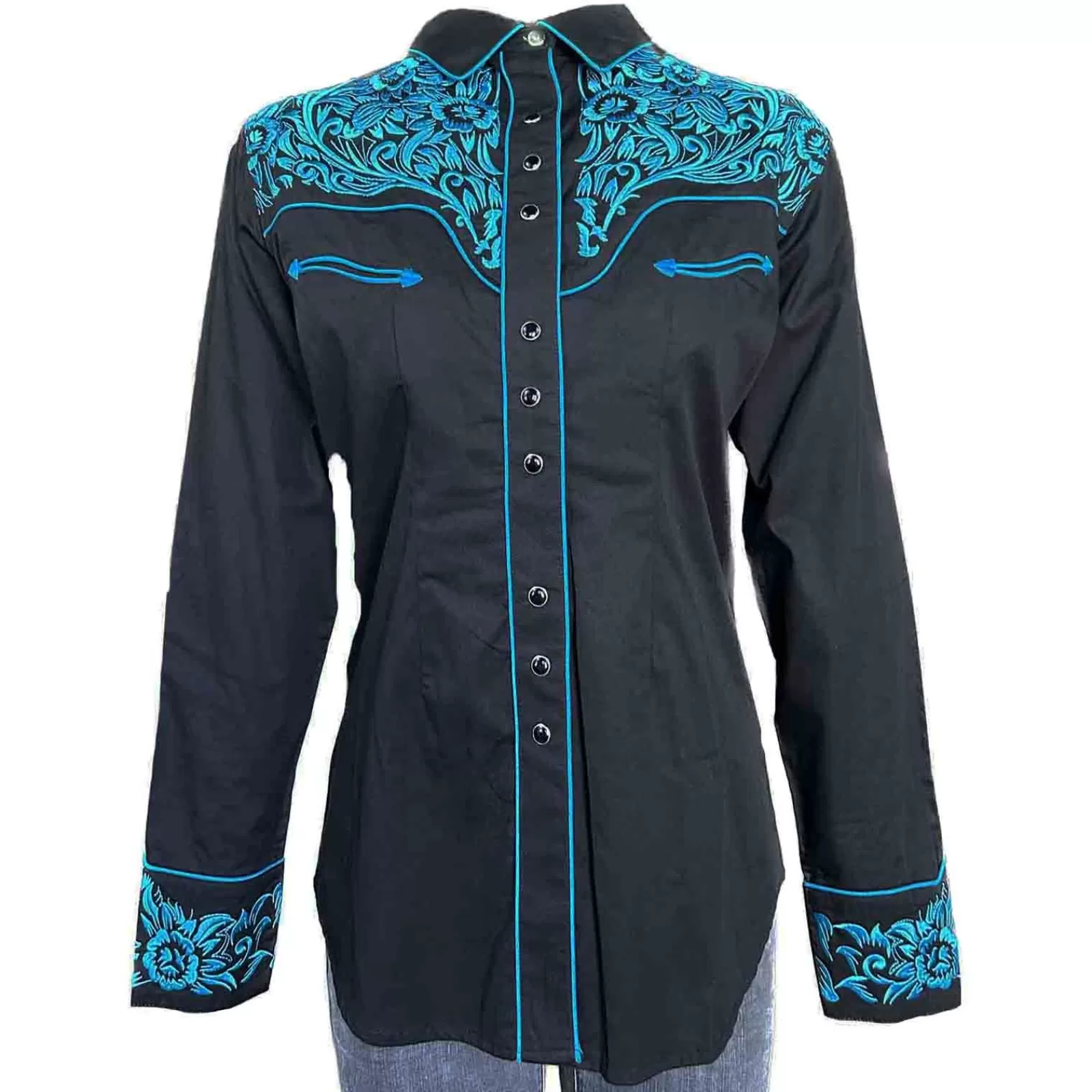 Rockmount Women'S Vintage Tooling Embroidery Black & Turquoise Western Shirt Sale