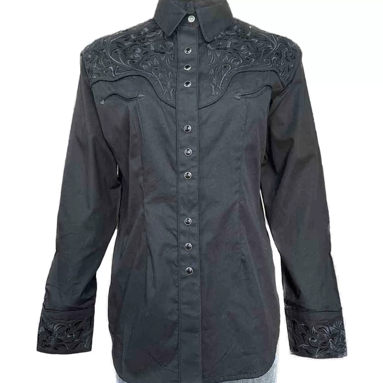Rockmount Women'S Vintage Tooling Embroidery Black-On-Black Western Shirt New