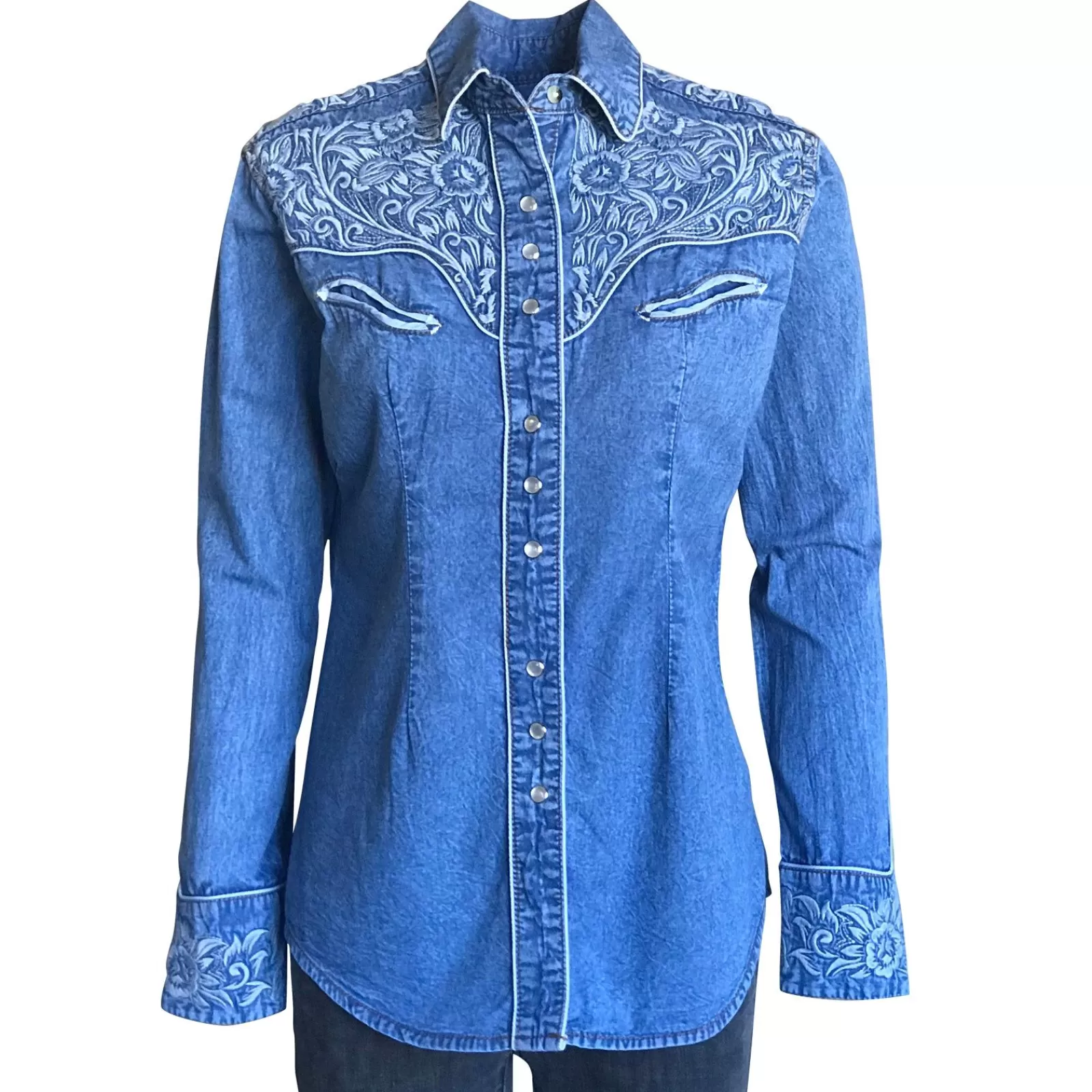 Rockmount Women'S Vintage Tooling Embroidery Denim & Blue Western Shirt Flash Sale