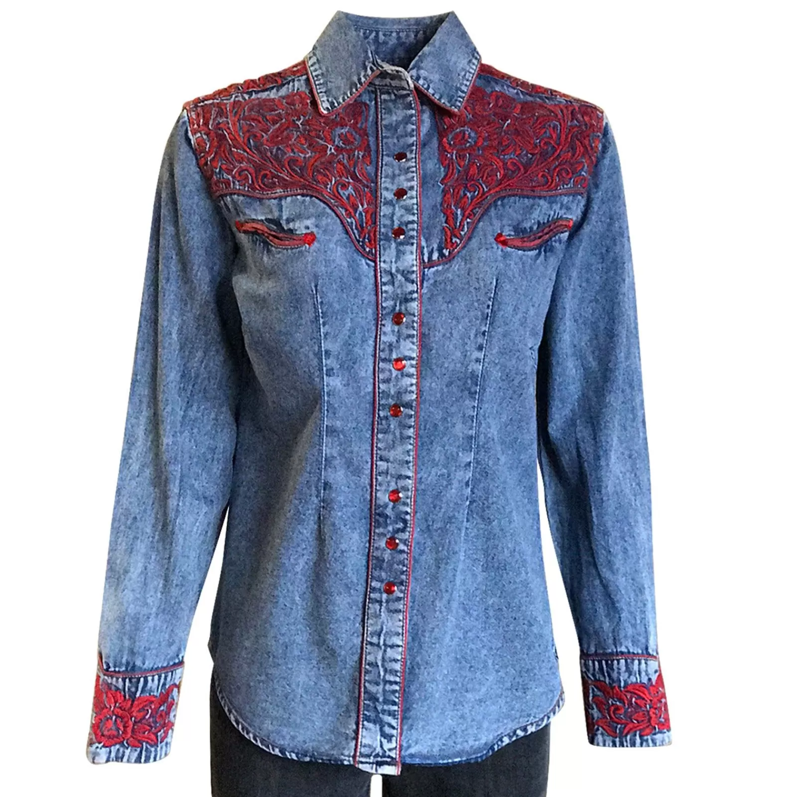Rockmount Women'S Vintage Tooling Embroidery Denim & Red Western Shirt Sale