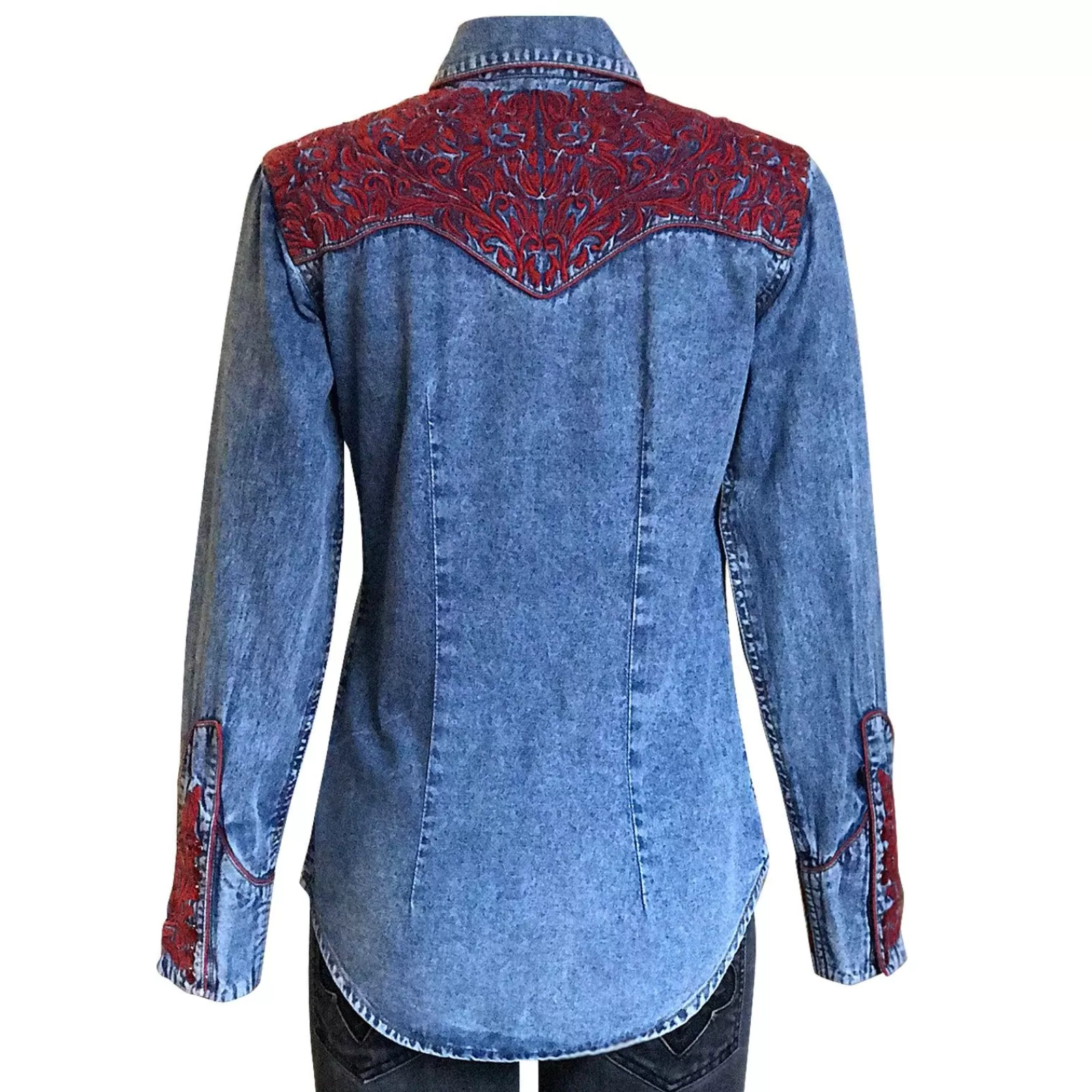 Rockmount Women'S Vintage Tooling Embroidery Denim & Red Western Shirt Sale