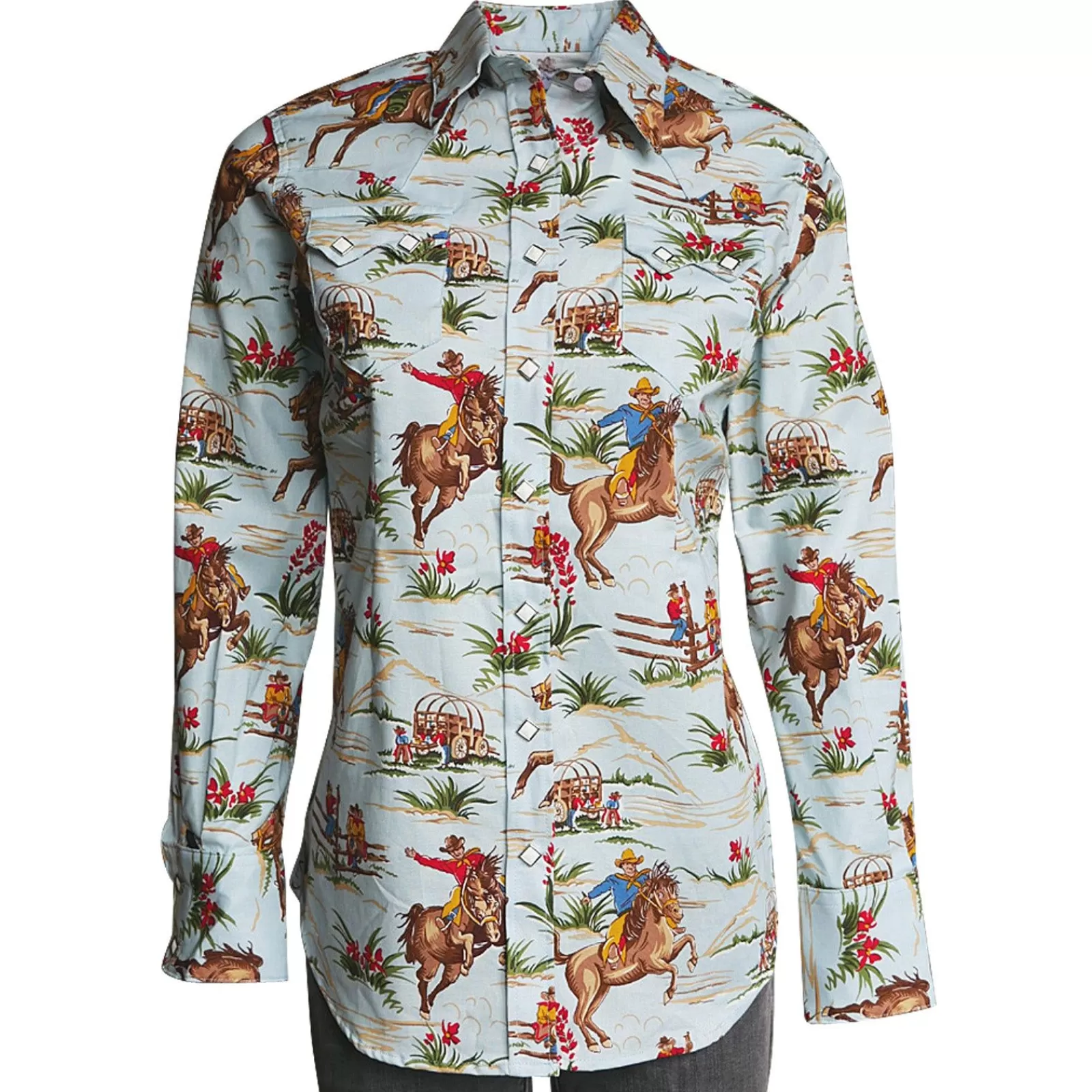 Rockmount Women'S Vintage Western Print Light Blue Shirt Store