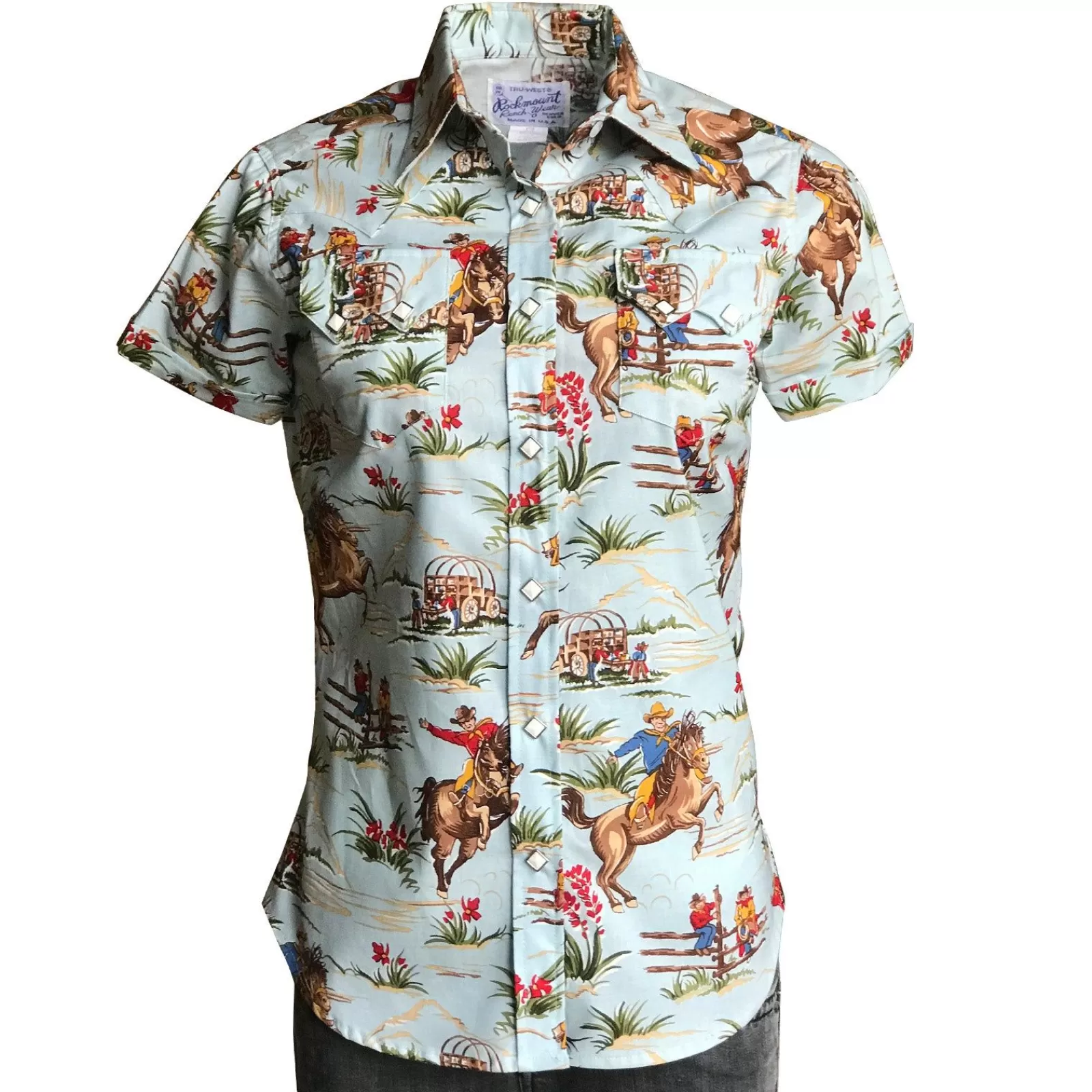 Rockmount Women'S Vintage Western Print Light Blue Short Sleeve Shirt Shop